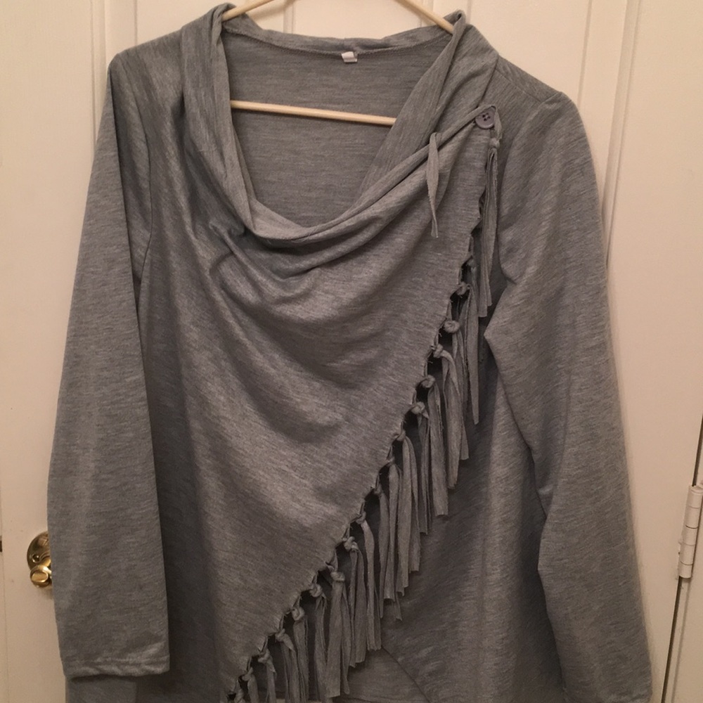 Grey Shaggy Fringe Poncho